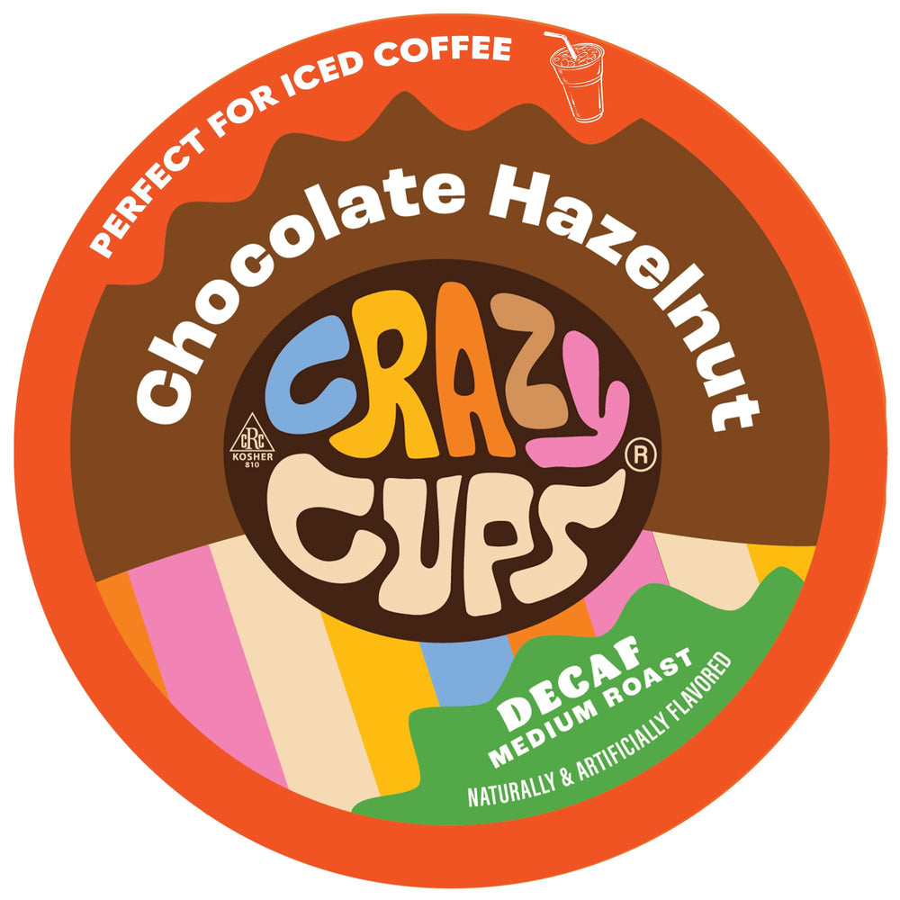 Crazy Cups front packaging showing 22-count decaf hazelnut pods and benefits