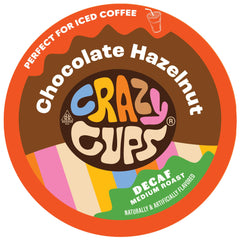 Crazy Cups front packaging showing 22-count decaf hazelnut pods and benefits