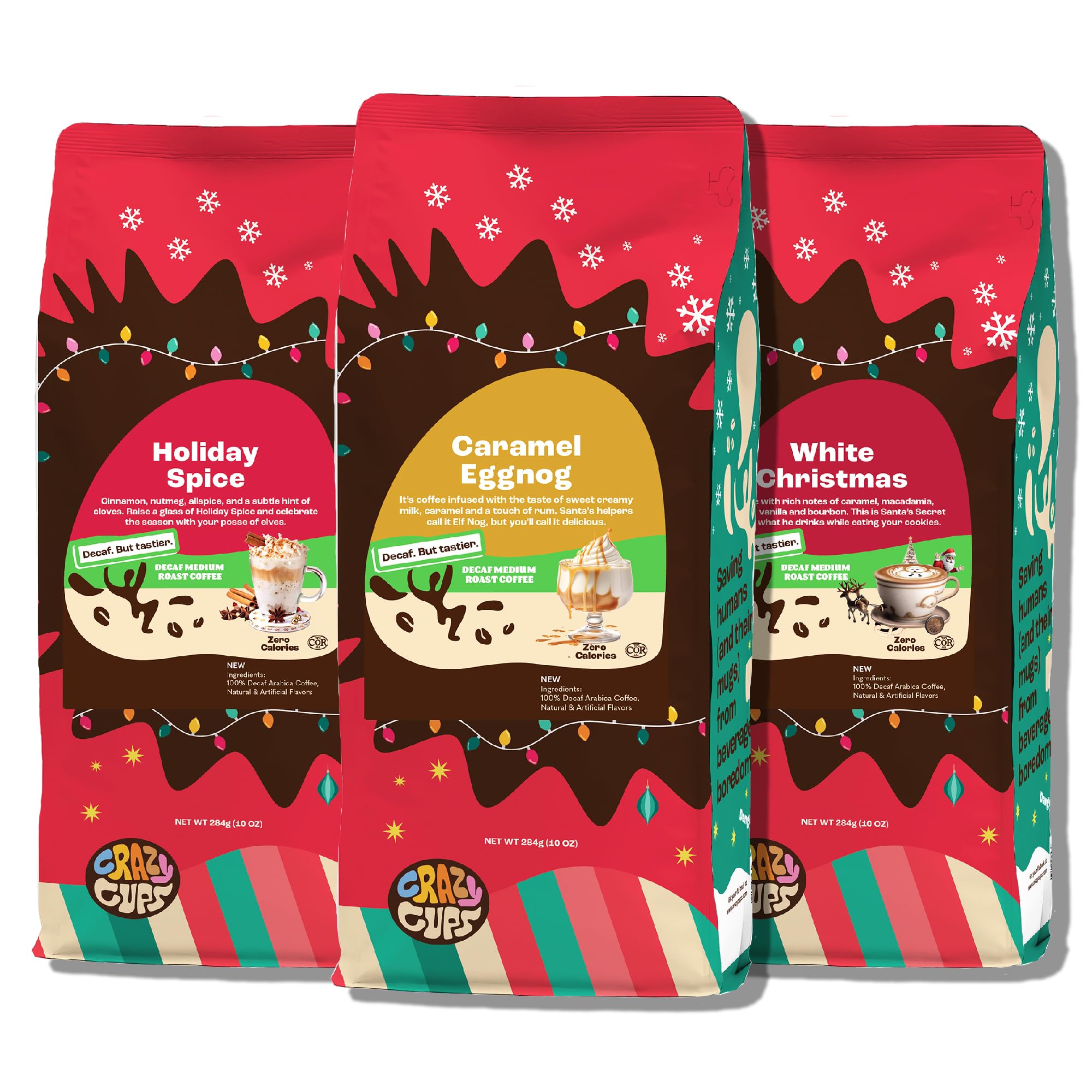 Crazy Cups three-pack front view showing festive decaf coffee bags and variety