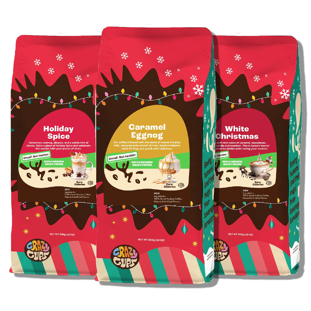 Crazy Cups three-pack front view showing festive decaf coffee bags and variety