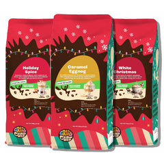 Crazy Cups three-pack front view showing festive decaf coffee bags and variety