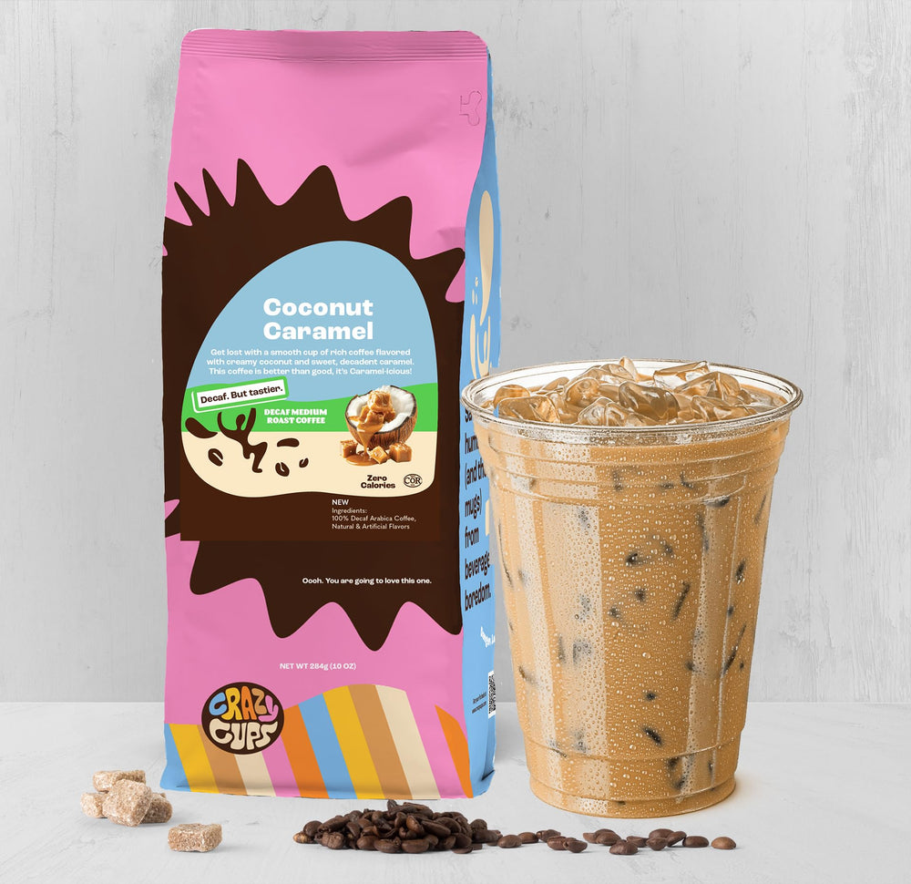 Crazy Cups iced coconut caramel coffee served in a glass showing refreshing option