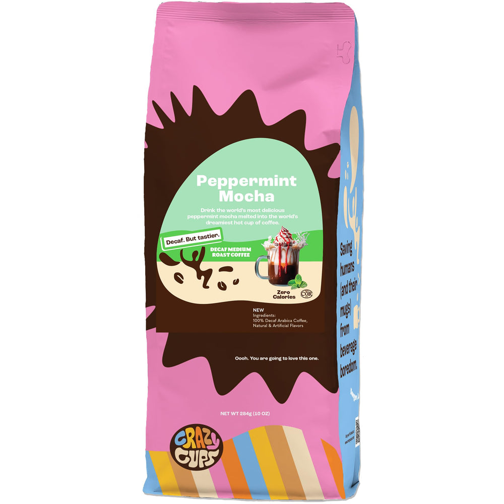 Crazy Cups front package showing festive peppermint mocha and benefit of flavor clarity