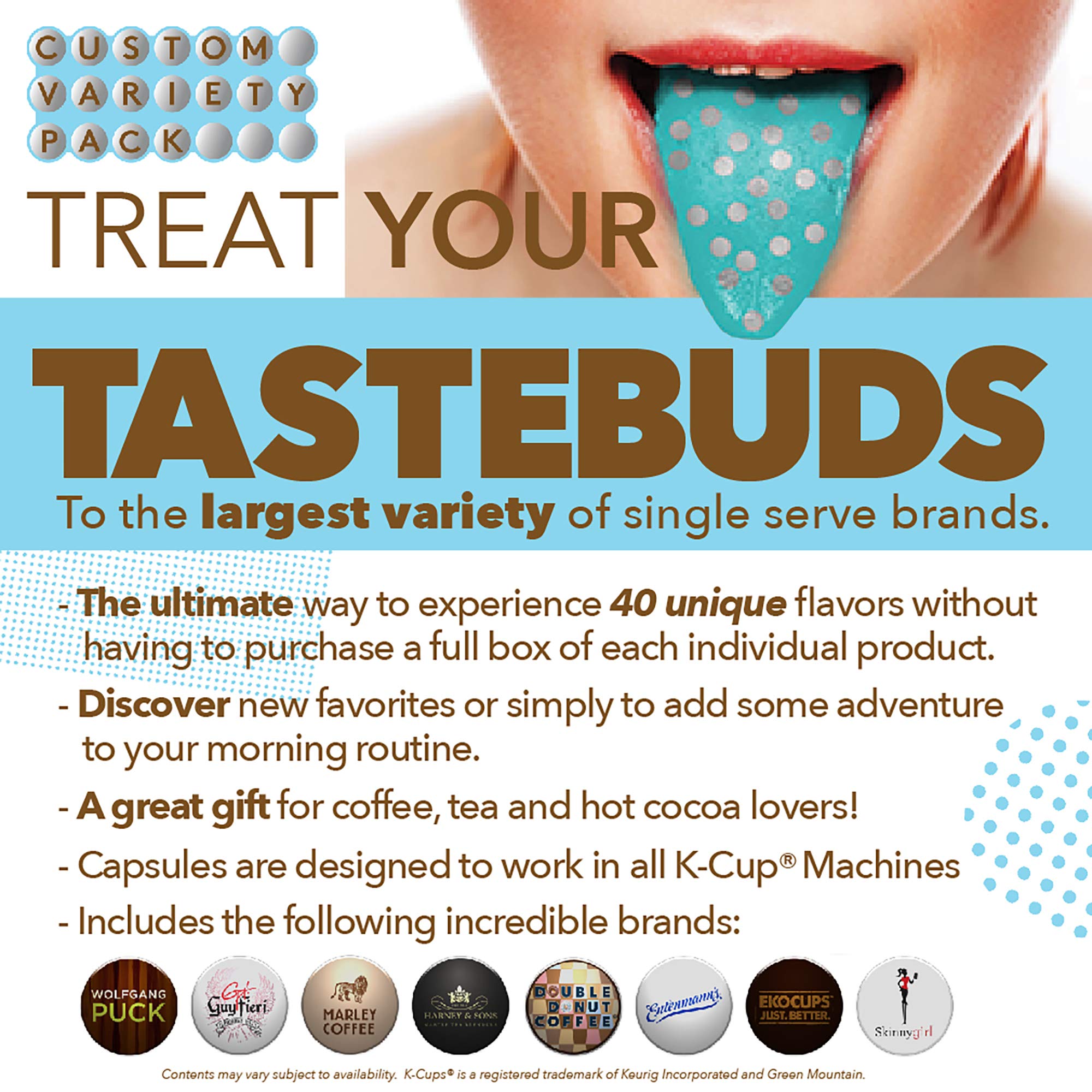 Crazy Cups assorted decaf pods spread on counter showing flavor variety