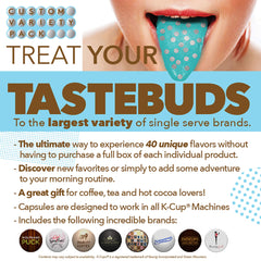 Crazy Cups assorted decaf pods spread on counter showing flavor variety