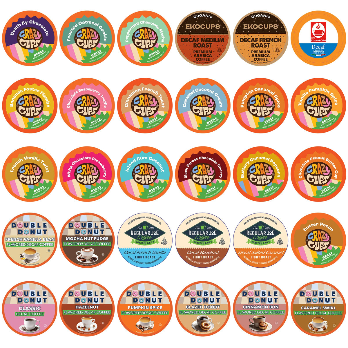 Crazy Cups front packaging showing 30-count sampler and variety benefits