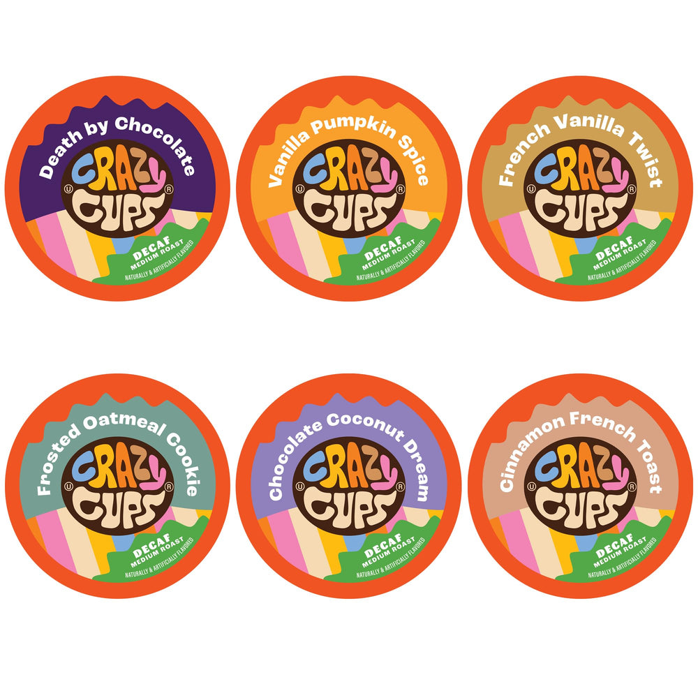 Crazy Cups front packaging showing 24-count decaf flavored pods and convenience