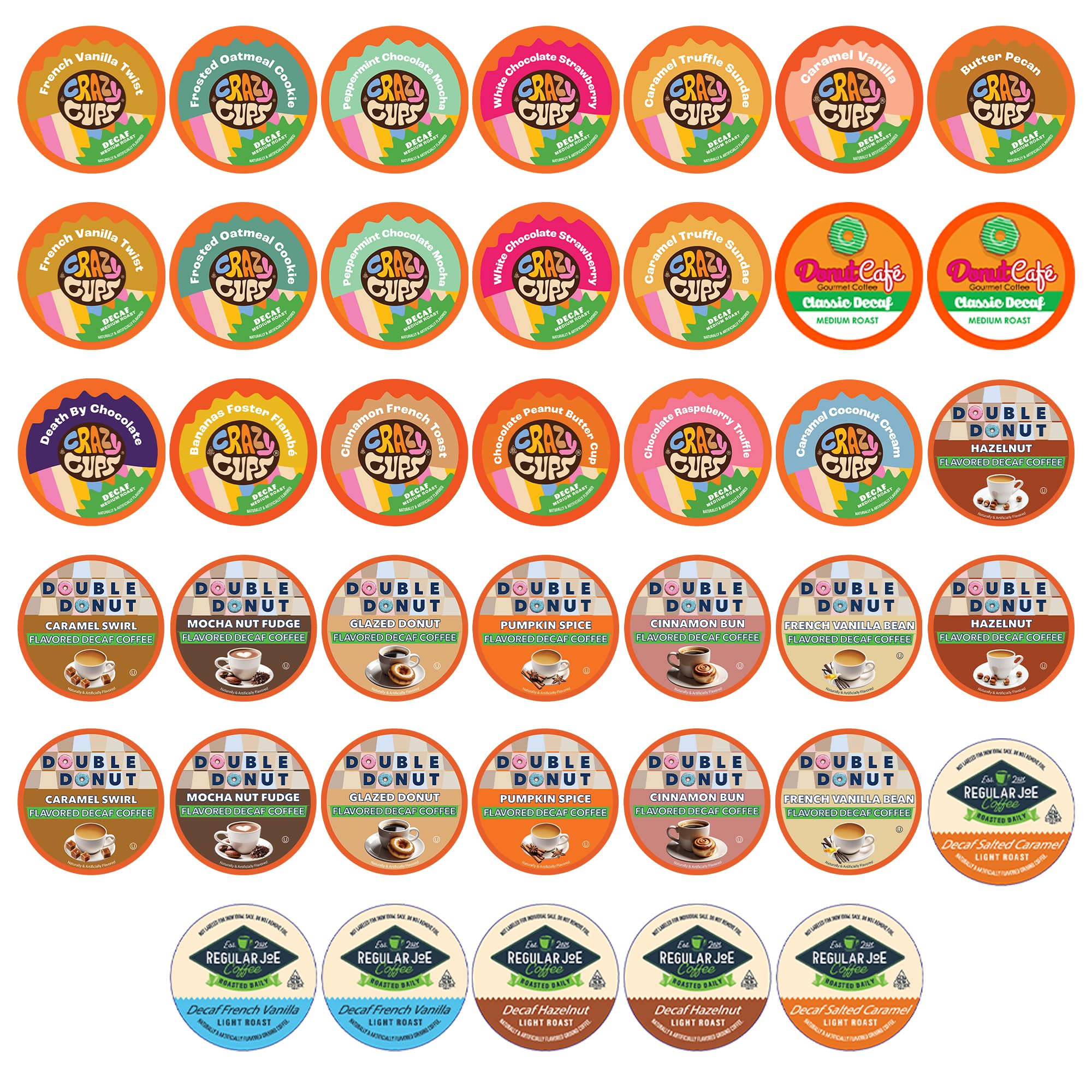 Crazy Cups front packaging showing 40-count decaf variety pack and easy selection
