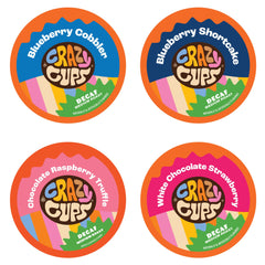 Crazy Cups front box showing decaf blueberry variety pack and colorful artwork, inviting taste exploration