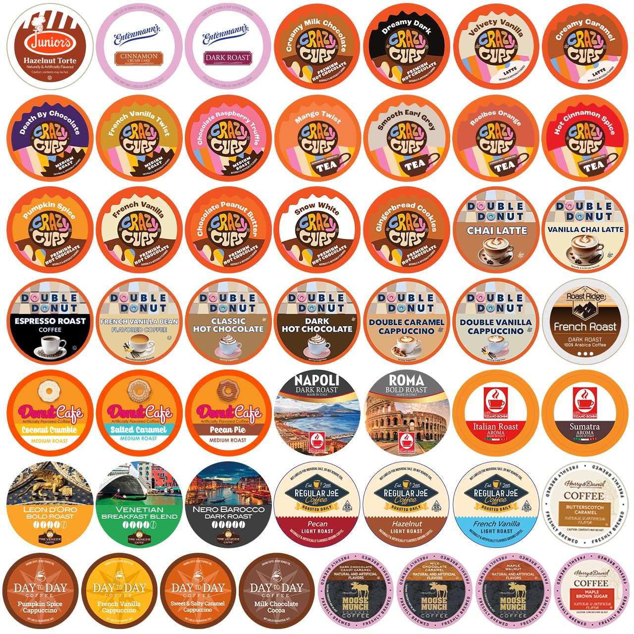 Crazy Cups front packaging showing 50-count sampler and variety benefit