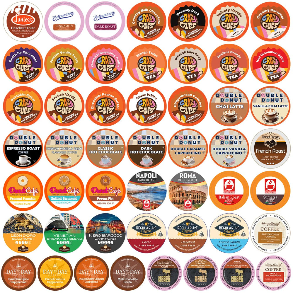 Crazy Cups front packaging showing 50-count sampler and variety benefit