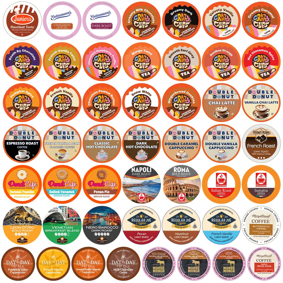 Crazy Cups front packaging showing 50-count sampler and variety benefit