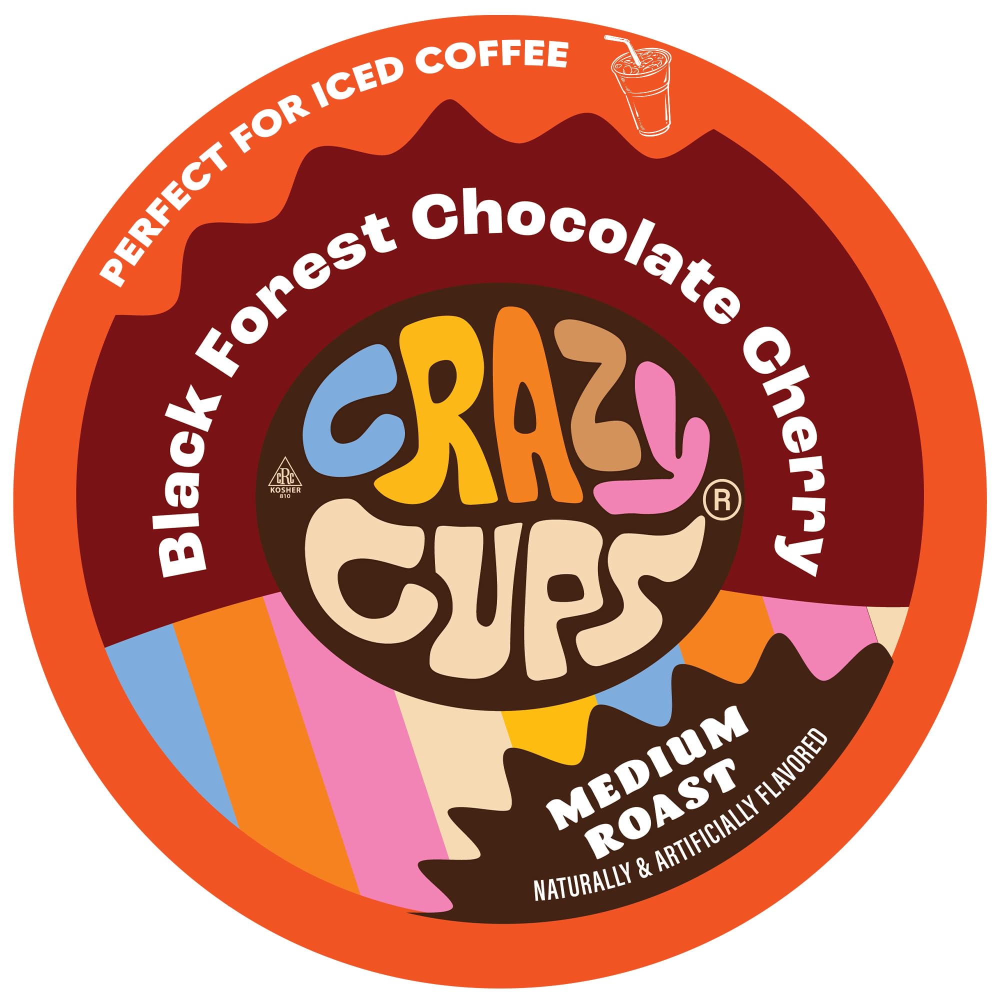 Crazy Cups front packaging showing black forest chocolate cherry flavor and 22-count convenience