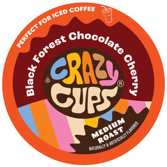 Crazy Cups front packaging showing black forest chocolate cherry flavor and 22-count convenience