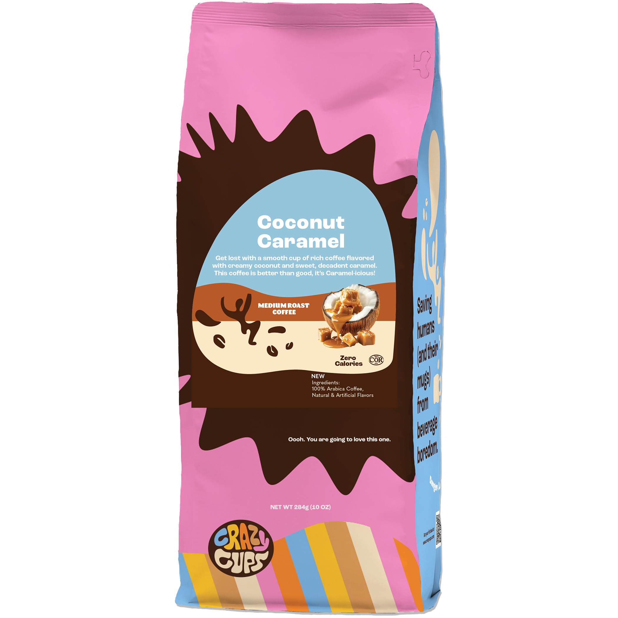 Crazy Cups front packaging showing coconut caramel flavor and inviting aroma