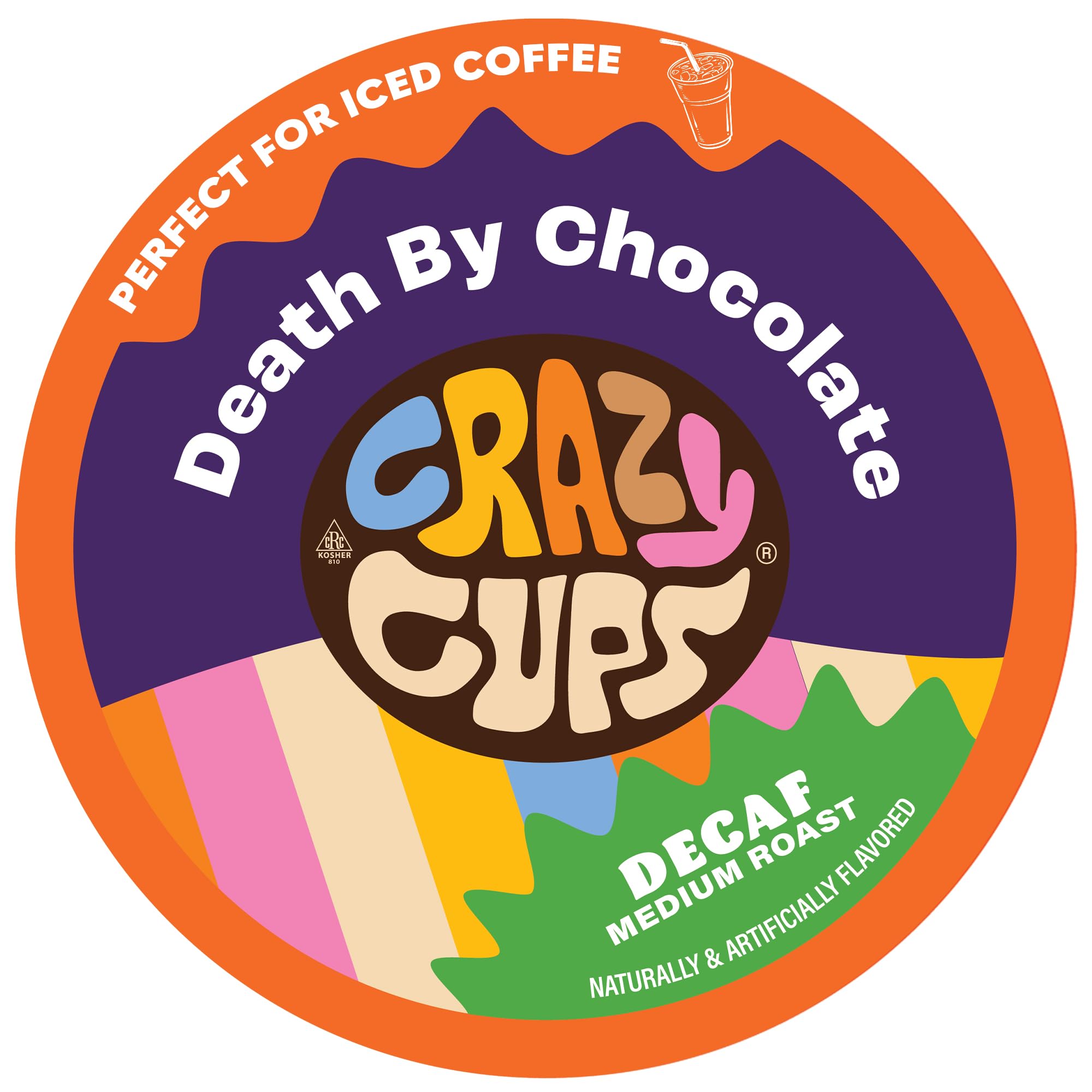 Crazy Cups front packaging showing 80-count decaf pods and rich chocolate branding, enticing flavor