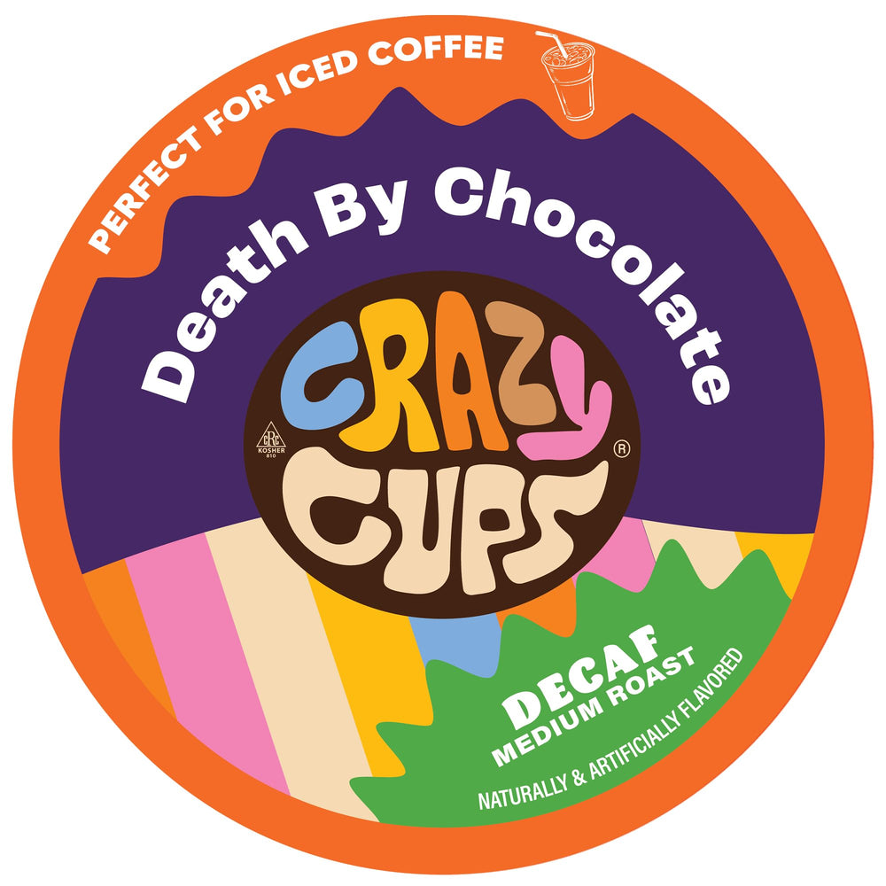 Crazy Cups front packaging showing 80-count decaf pods and rich chocolate branding, enticing flavor
