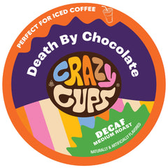 Crazy Cups front packaging showing 80-count decaf pods and rich chocolate branding, enticing flavor