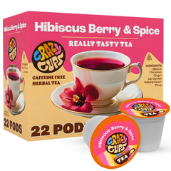 Crazy Cups front packaging showing hibiscus berry spice blend benefit convenience