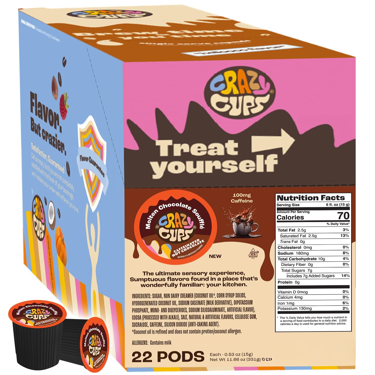 Crazy Cups front packaging showing Molten Chocolate Soufflé, rich cocoa benefit