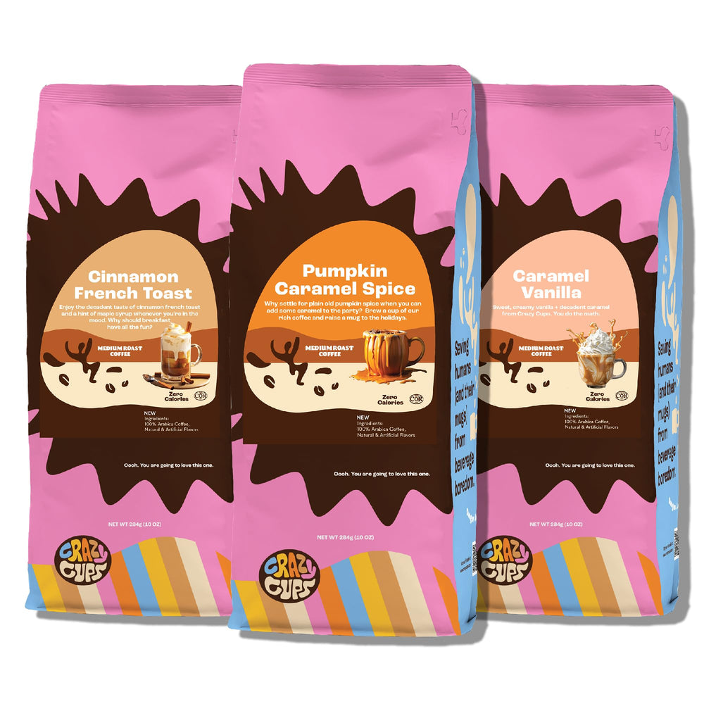 Crazy Cups front packaging showing three 10 oz bags and variety benefit