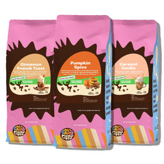 Crazy Cups front packaging showing three flavored decaf bags and variety