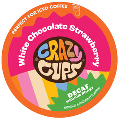 Crazy Cups front packaging showing white chocolate strawberry flavor and benefits