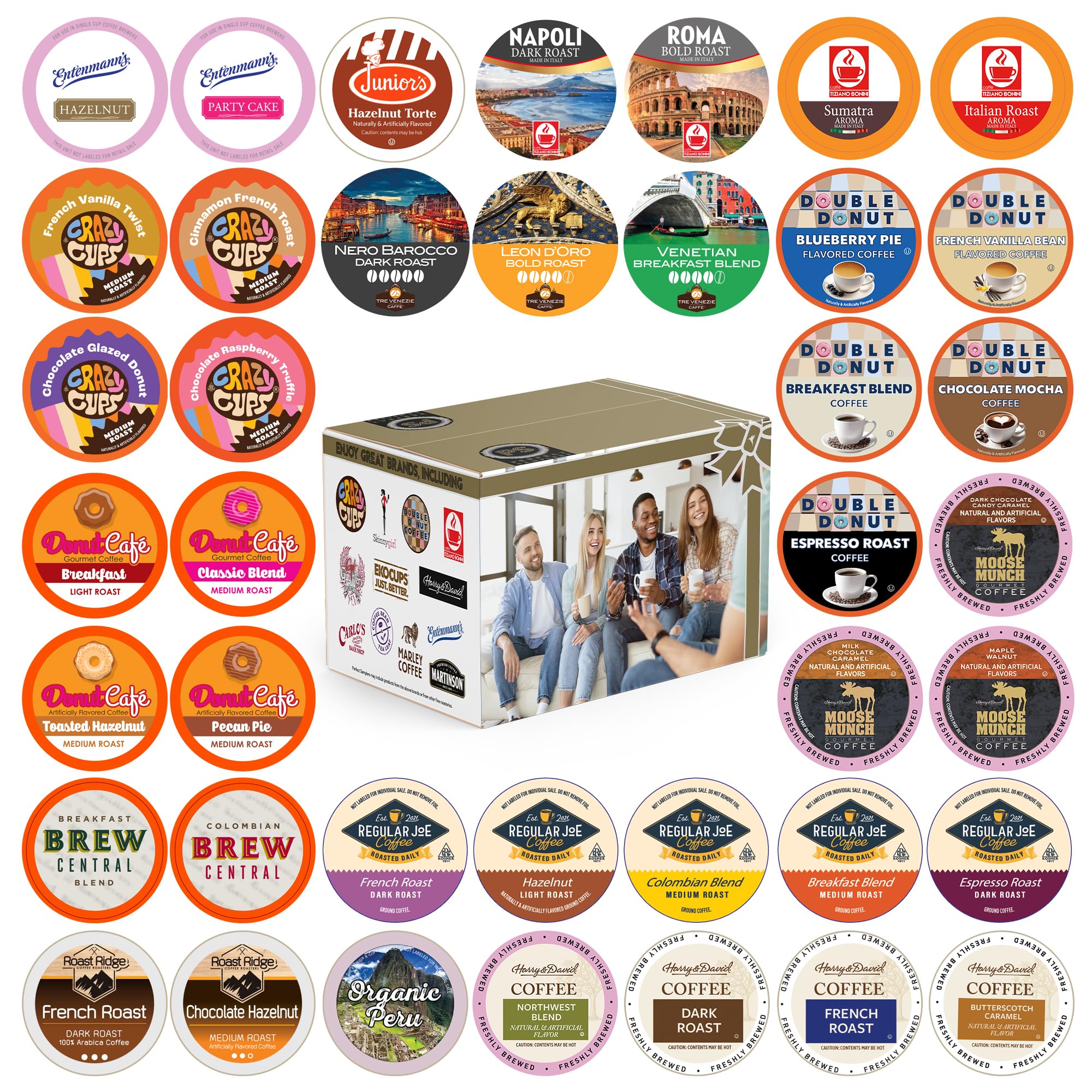 Crazy Cups front packaging showing assorted pod box and benefits of variety