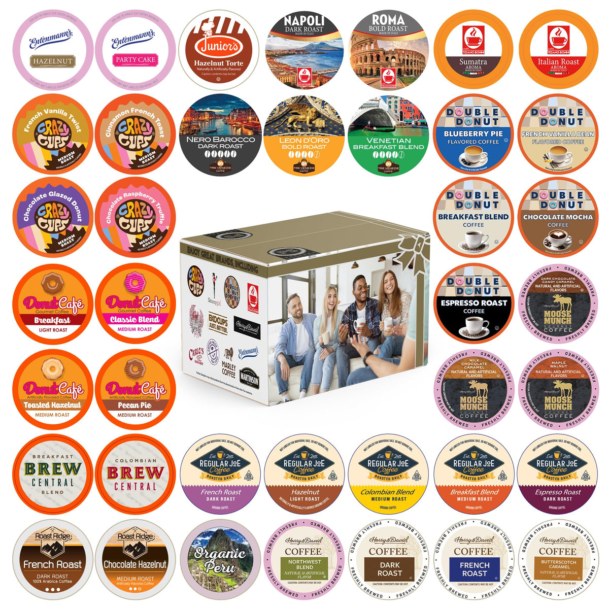 Crazy Cups front packaging showing assorted pod box and benefits of variety