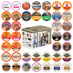 Crazy Cups front packaging showing assorted pod box and benefits of variety