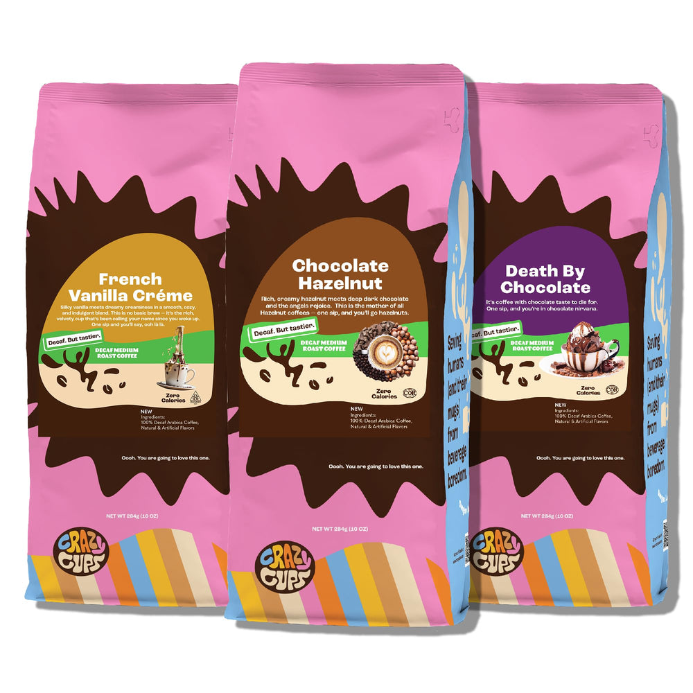 Crazy Cups front packaging showing three 10 oz bags and flavor variety benefits