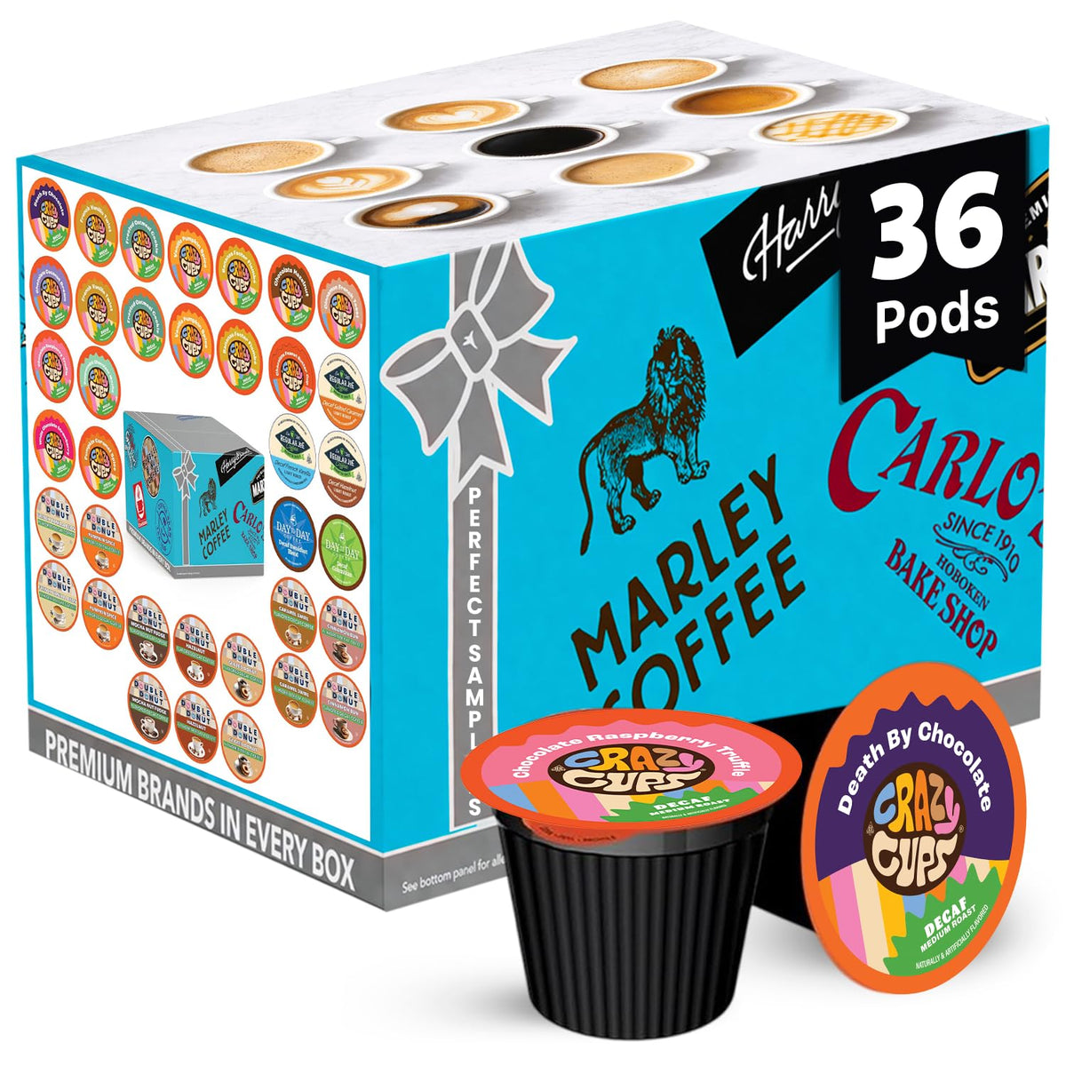 Crazy Cups front packaging showing 36-count decaf pods and assortment benefit