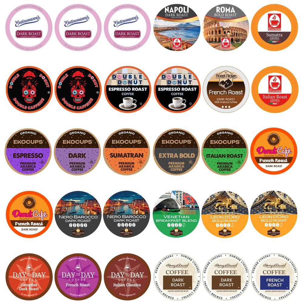 Crazy Cups front packaging showing 30-count dark roast variety and bold flavors