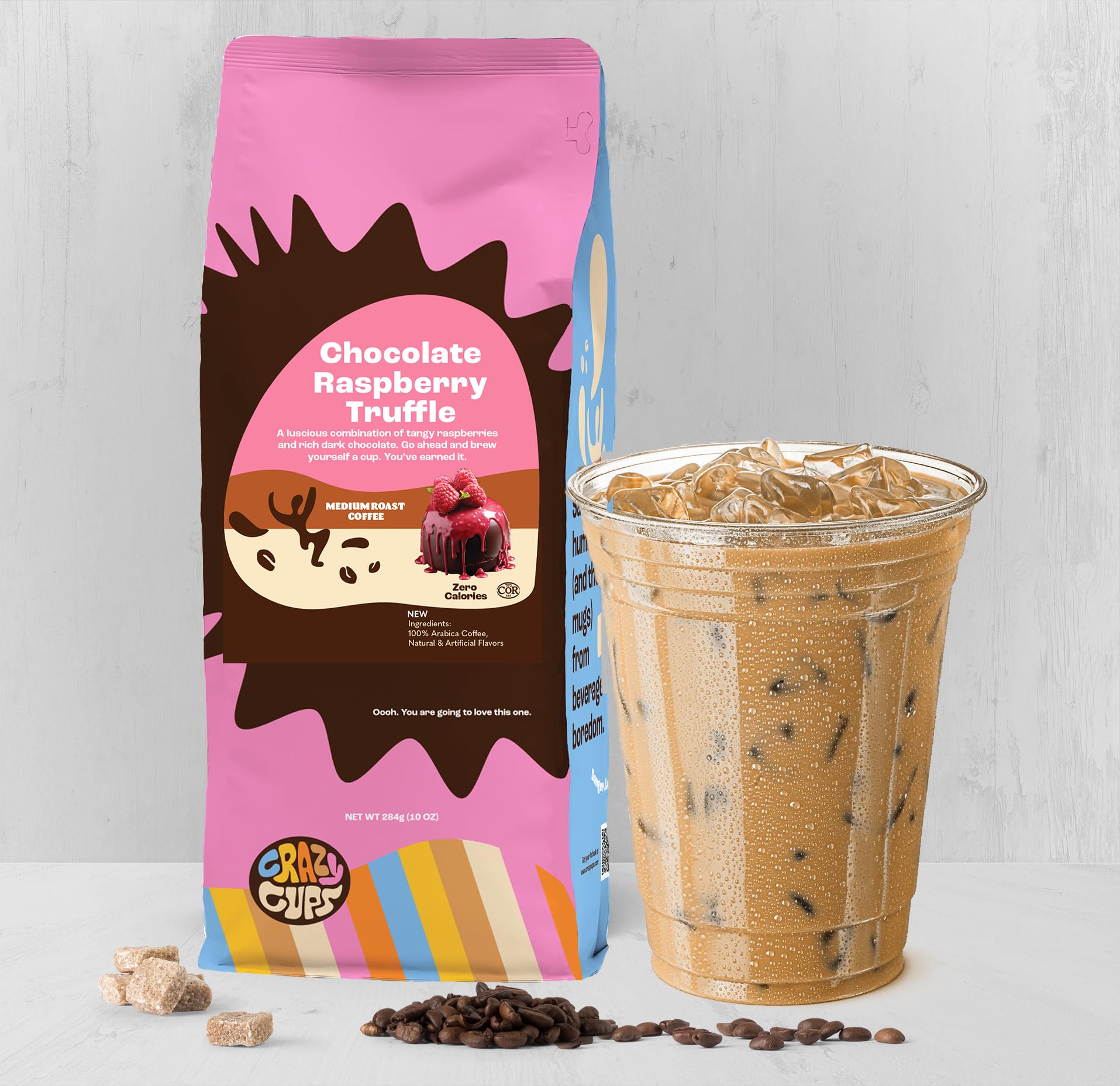 Crazy Cups iced coffee pouring over ice emphasizing vibrant chilled flavor
