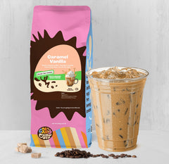 Crazy Cups iced flavored decaf coffee in glass, refreshing cold option