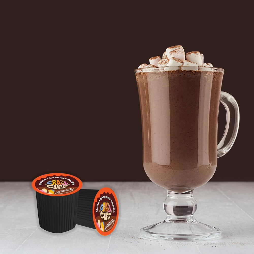 Crazy Cups mug and box in cozy setting, indulgent warm beverage appeal