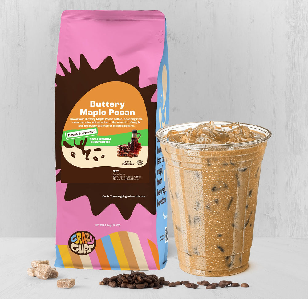 Crazy Cups 10oz bag beside a measuring spoon showing size and convenient portioning
