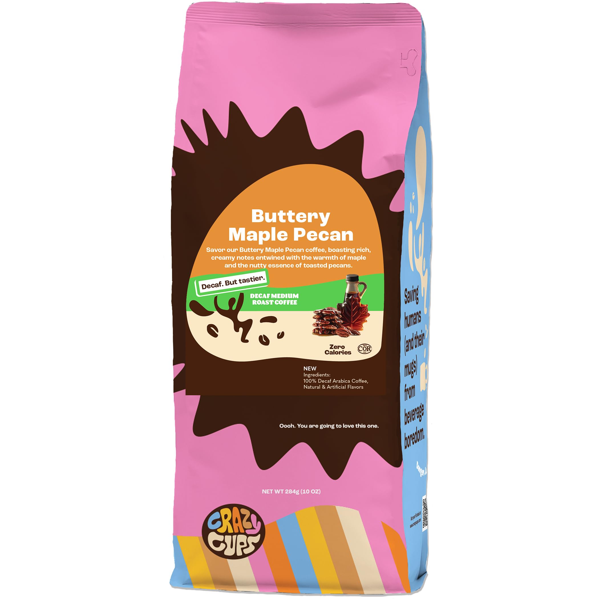 Crazy Cups front packaging showing buttery maple pecan label and clear benefit