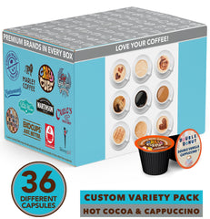 Crazy Cups pods spread showing assorted cappuccino and hot chocolate pods for sampling