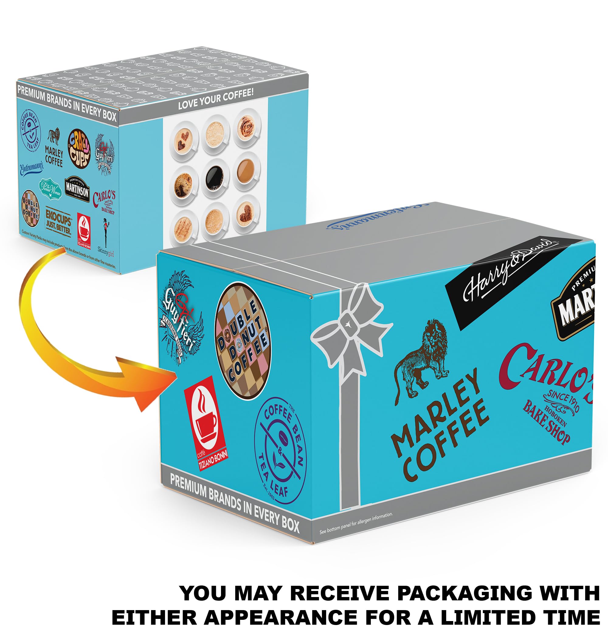 Crazy Cups box beside standard mug for size comparison and portion understanding