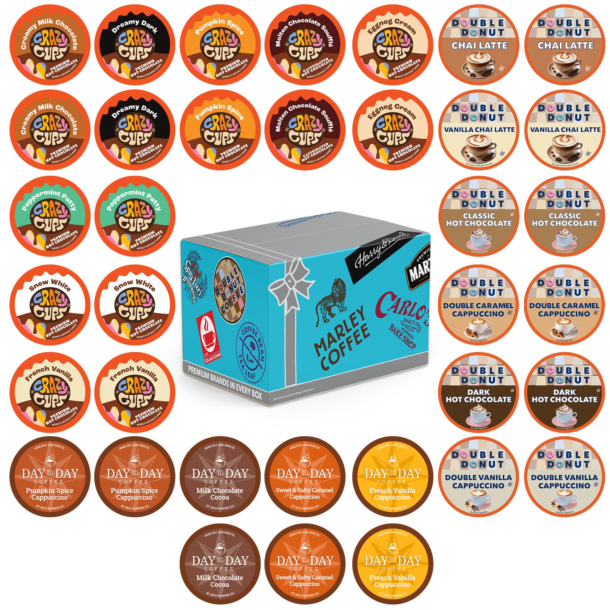 Crazy Cups front packaging showing 36-count variety pack and flavors for easy gifting