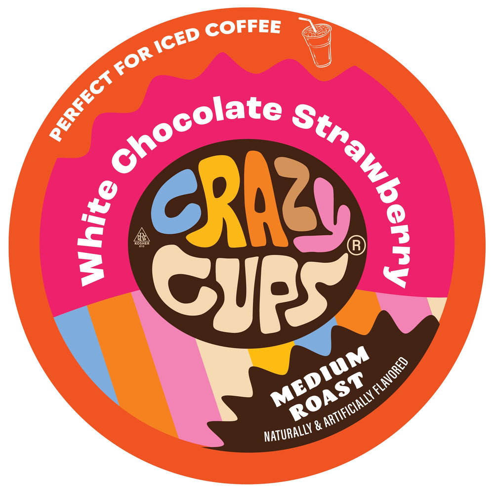 Crazy Cups front packaging showing white chocolate strawberry pods and benefits