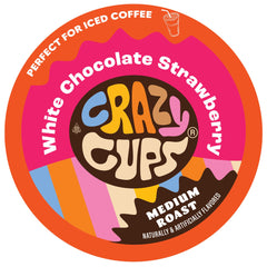 Crazy Cups front packaging showing white chocolate strawberry pods and benefits
