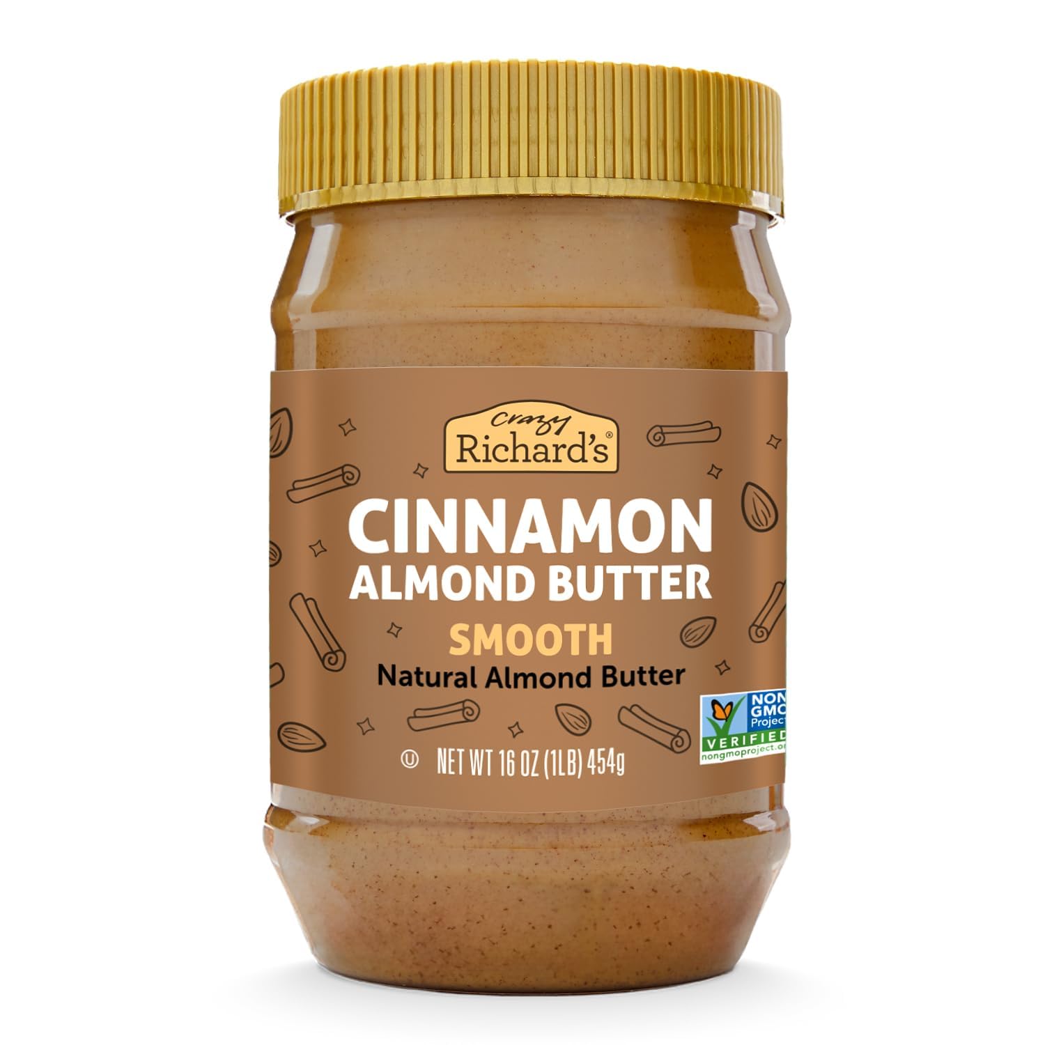 Crazy Richard's front jar showing label and cinnamon almond butter benefits