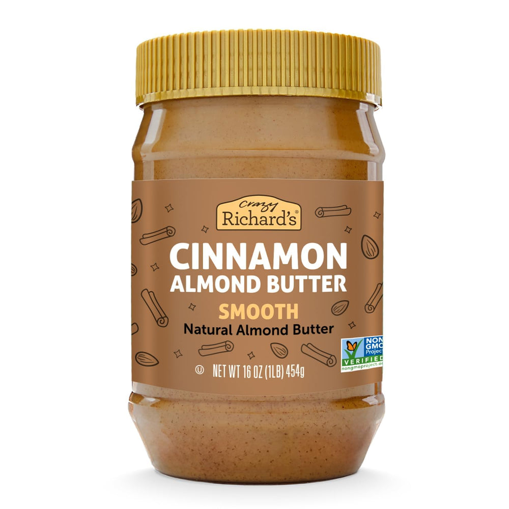 Crazy Richard's front jar showing label and cinnamon almond butter benefits