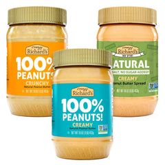 Crazy Richard's front packaging variety pack showing three jars and clear labels, highlights convenience