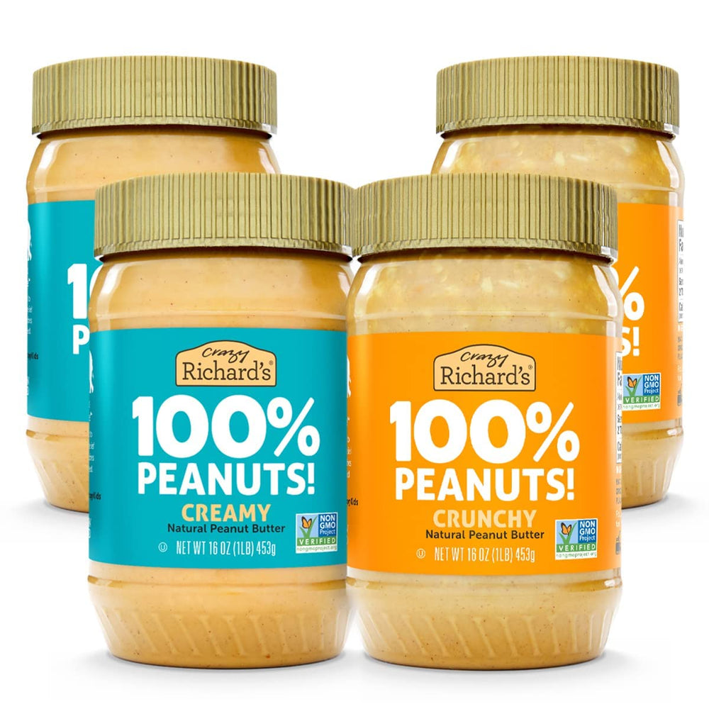 Crazy Richard's front packaging showing four 16 ounce jars and variety pack benefit