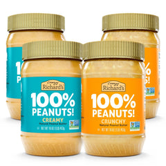 Crazy Richard's front packaging showing four 16 ounce jars and variety pack benefit