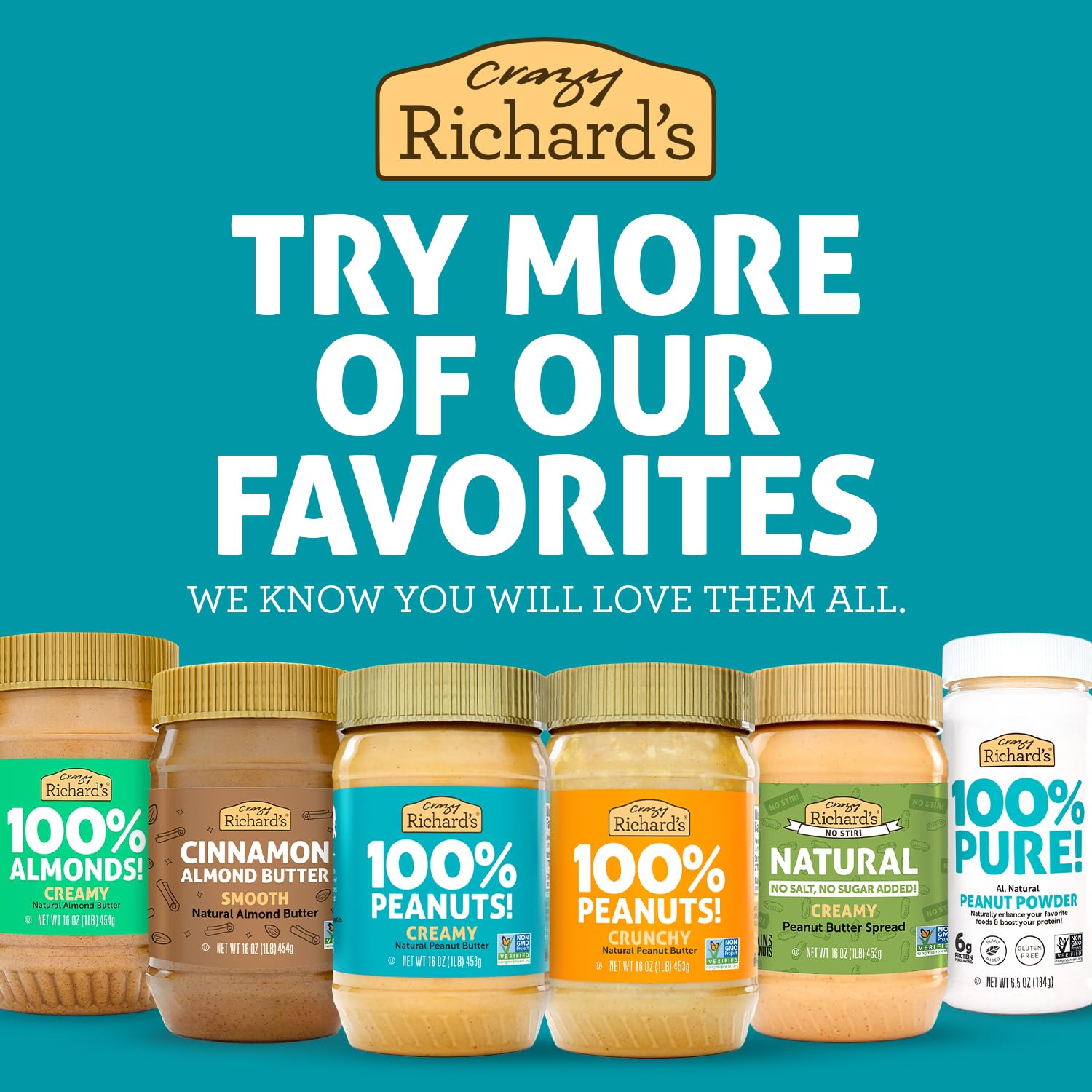 Crazy Richard's ingredient label closeup highlighting 100% peanuts and no added sugars or oils