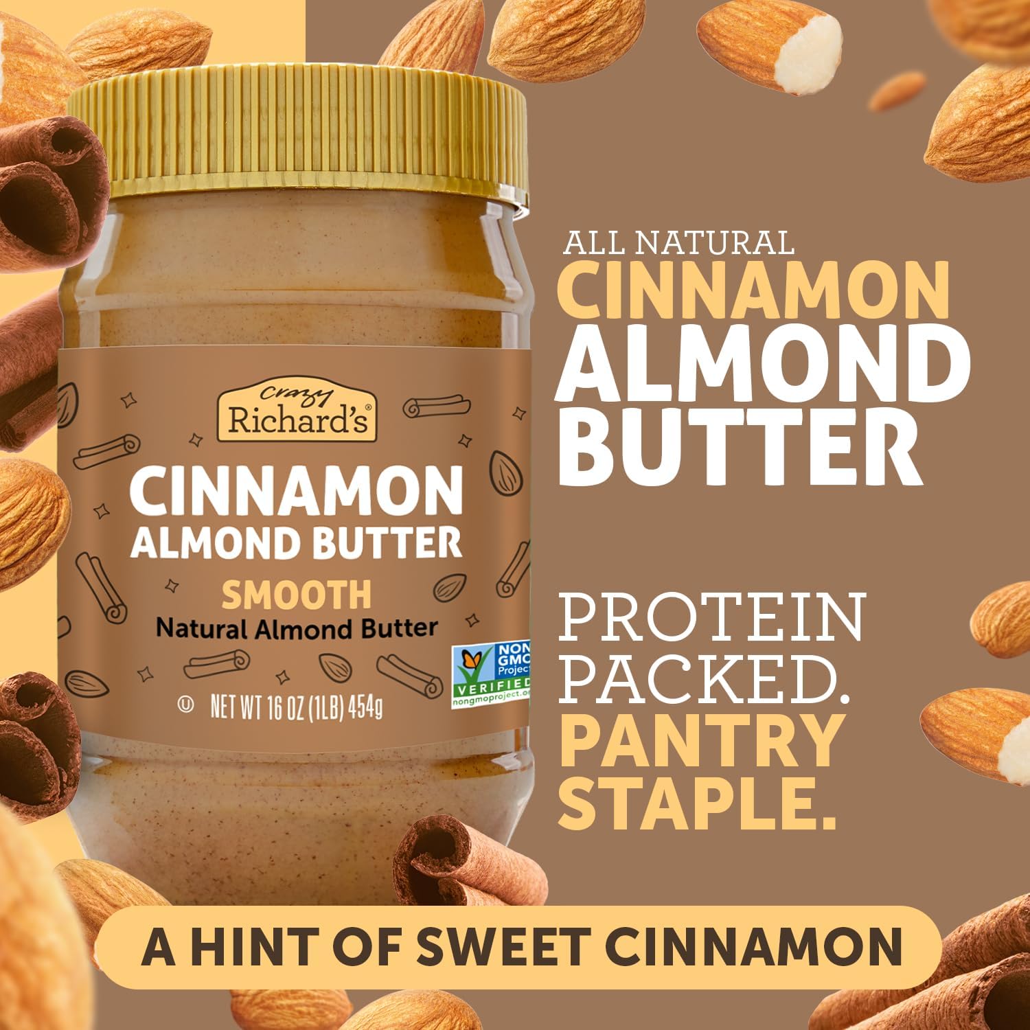 Crazy Richard's raw ingredients layout showing almonds cinnamon sea salt cane sugar